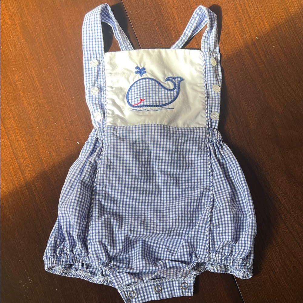 Little English Blue and White Whale Gingham One Piece Sunsuit Bubble
